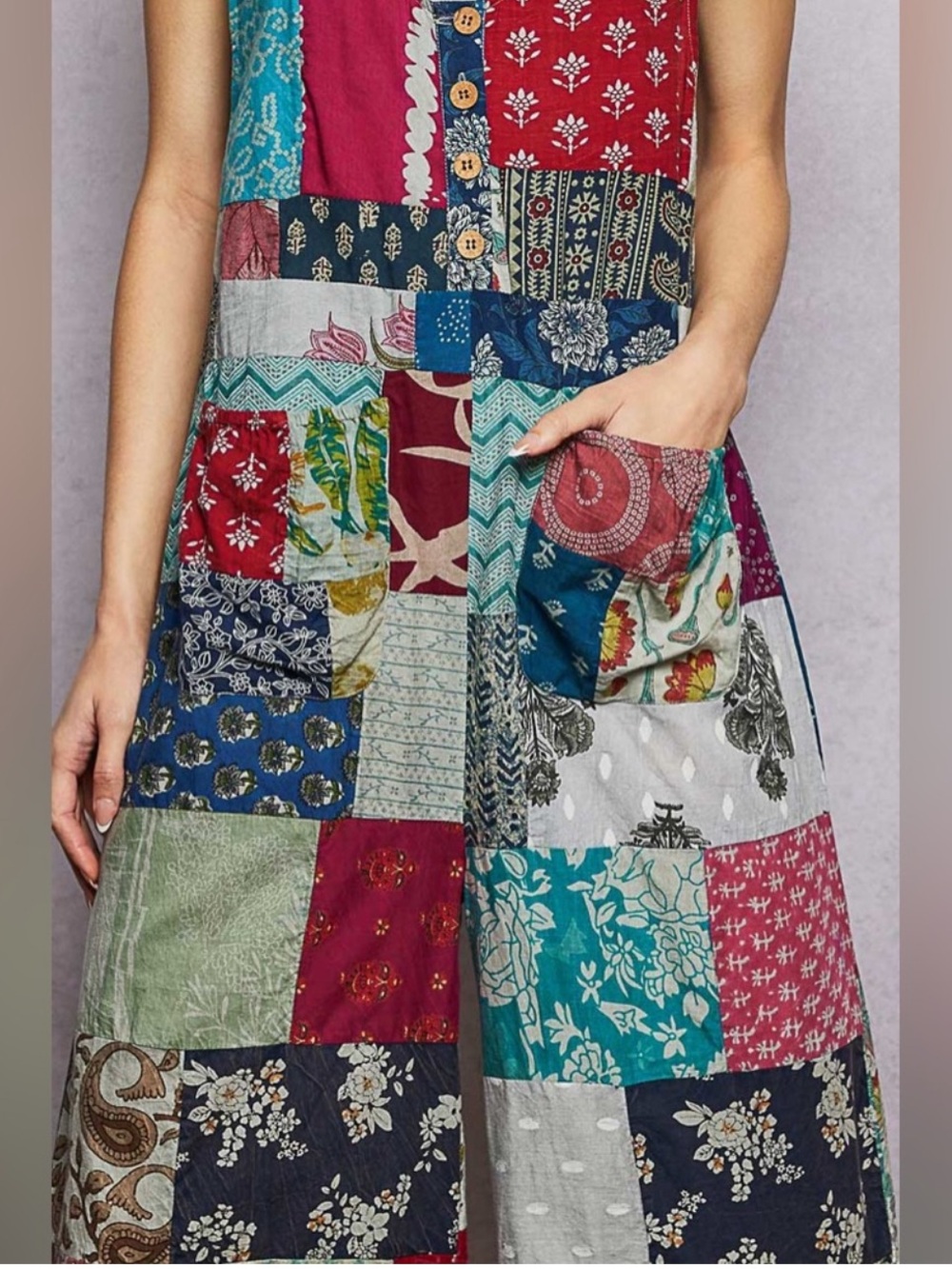 New: POL Boho Mixed Patchwork Lightweight Cropped Wide Leg Jumpsuit• Medium - Picture 4 of 9